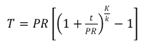 Formula showing insulation thickness: T = PR [(1 + t over PR) to the power of K over k] minus 1 
