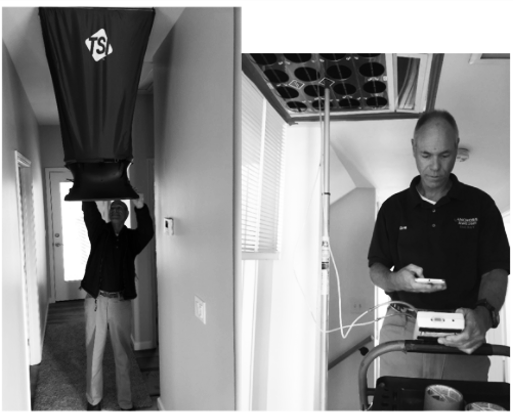 Figure 11 33: System Airflow Rate Measurement Using Flow Capture Equipment Hood (On Left) and Flow Grid (On Right) Photo shows technician performing the measurements.