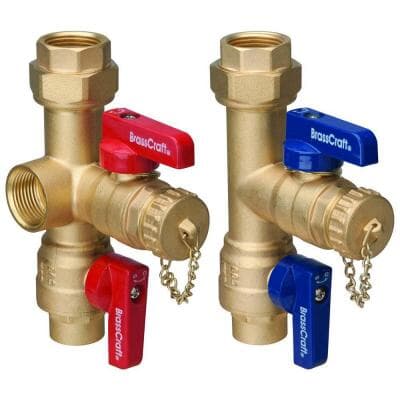 A catalog-quality photo of two brass valves having color-coded handles (red for hot water service and blue for cold). A catalog-quality photo of two brass valves having color-coded handles (red for hot water service and blue for cold).