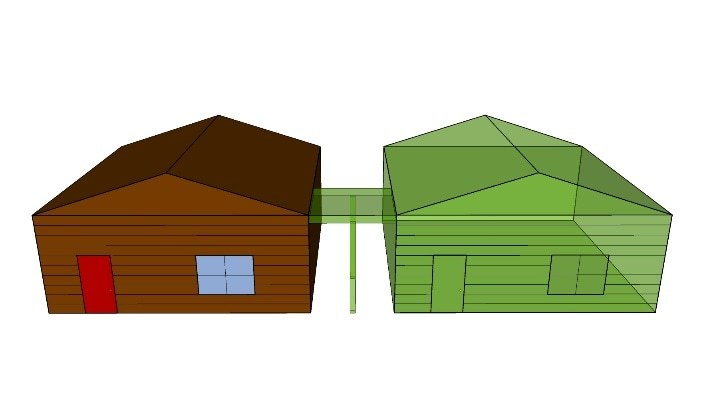 ADU Diagram on New Construction: Newly built ADU attached to existing home by breezeway, or covered walkway