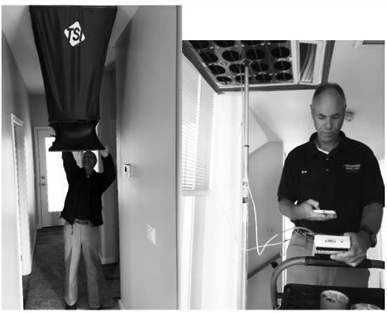 Figure 11 33: System Airflow Rate Measurement Using Flow Capture  Equipment Hood (On Left) and Flow Grid (On Right)  Photo shows technician performing the measurements.