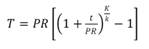 Formula showing insulation thickness:
T = PR [(1 + t over PR) to the power of K over k] minus 1
