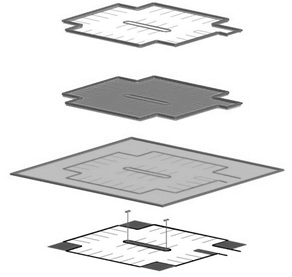 Figure 6-1: Concept of a layered lighting approach for outdoor lighting - Lighting Power Allowance (LPA) . Graphic shows outdoor lighting power densities structured using a layered lighting approach. 
This image illustrates how the total allowed power for a sales lot with frontage is determined by layering the general hardscape, outdoor sales lot and outdoor sales lot frontage allowances, with specific restrictions associated with the location of the power used for frontage and sales lot lighting.