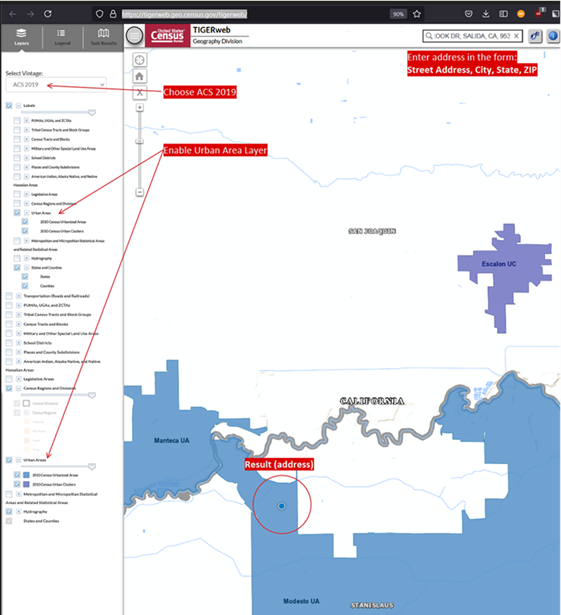 A screen image of the U.S. Census Bureau tool with map overlay