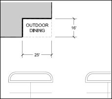 This image shows an outdoor dining of 16 feet by 25 feet in size. 
