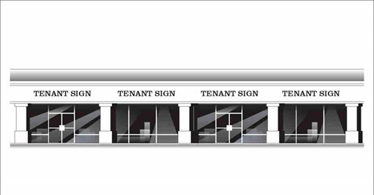 Picture showing a strip mall with a number of tenant signs.