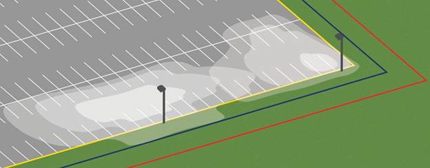 A nighttime picture of two light pole mounted around the property perimeter. Also shown are their light distribution pattern.