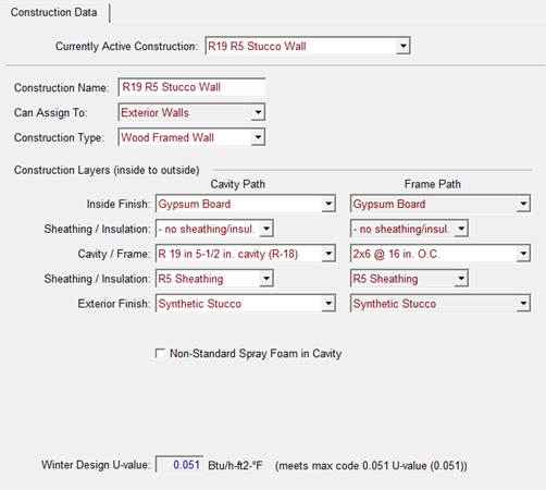 Example construction data tab